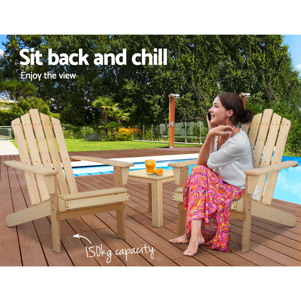 Adirondack Gardeon 3PC Outdoor Table and Chairs Wooden Beach Chair Natural