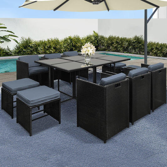 Waltham 10-Seater PE Wicker 11-Piece Outdoor Dining Set - Black