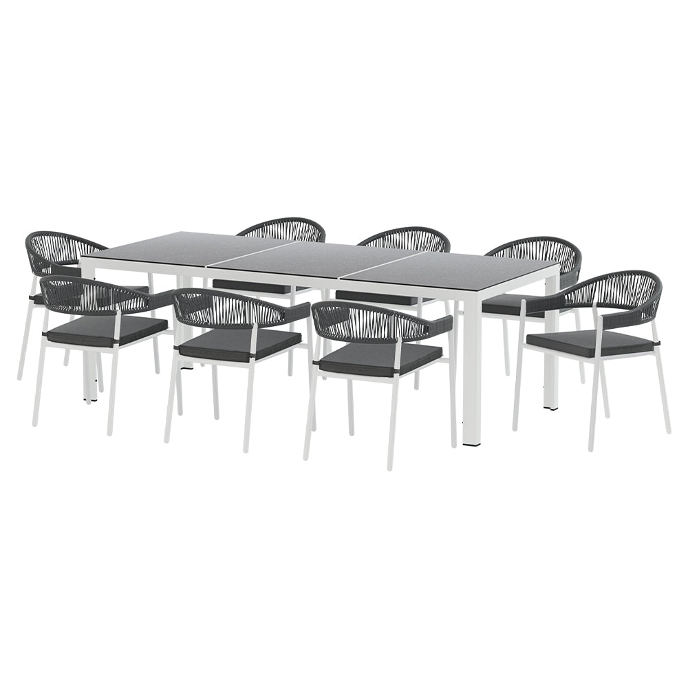 Yves 8-Seater Table Chairs Patio Rope Lounge Setting 9-Piece Outdoor Dining Set - White