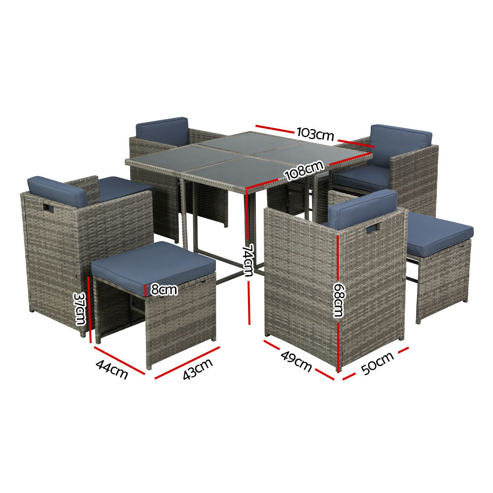 Waltham 8-Seater Table Chairs Patio Lounge Setting Furniture 9-Piece Outdoor Dining Set - Grey