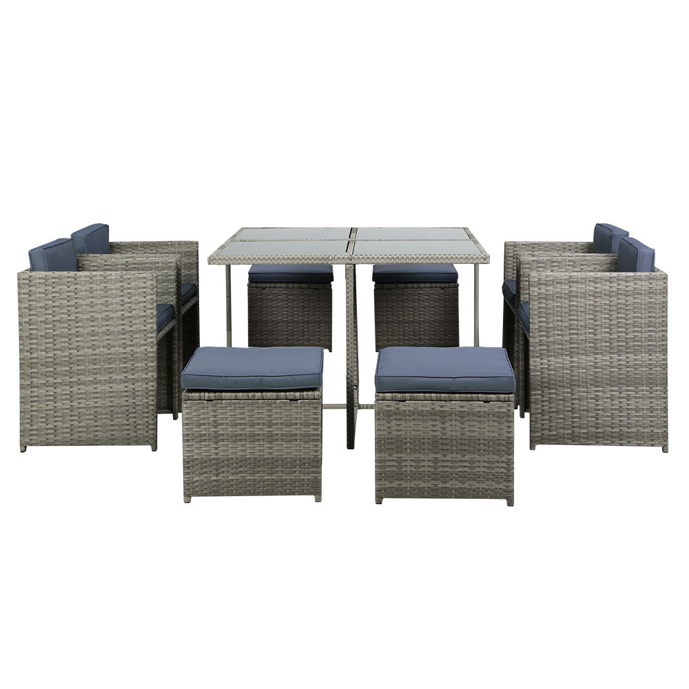 Waltham 8-Seater Table Chairs Patio Lounge Setting Furniture 9-Piece Outdoor Dining Set - Grey