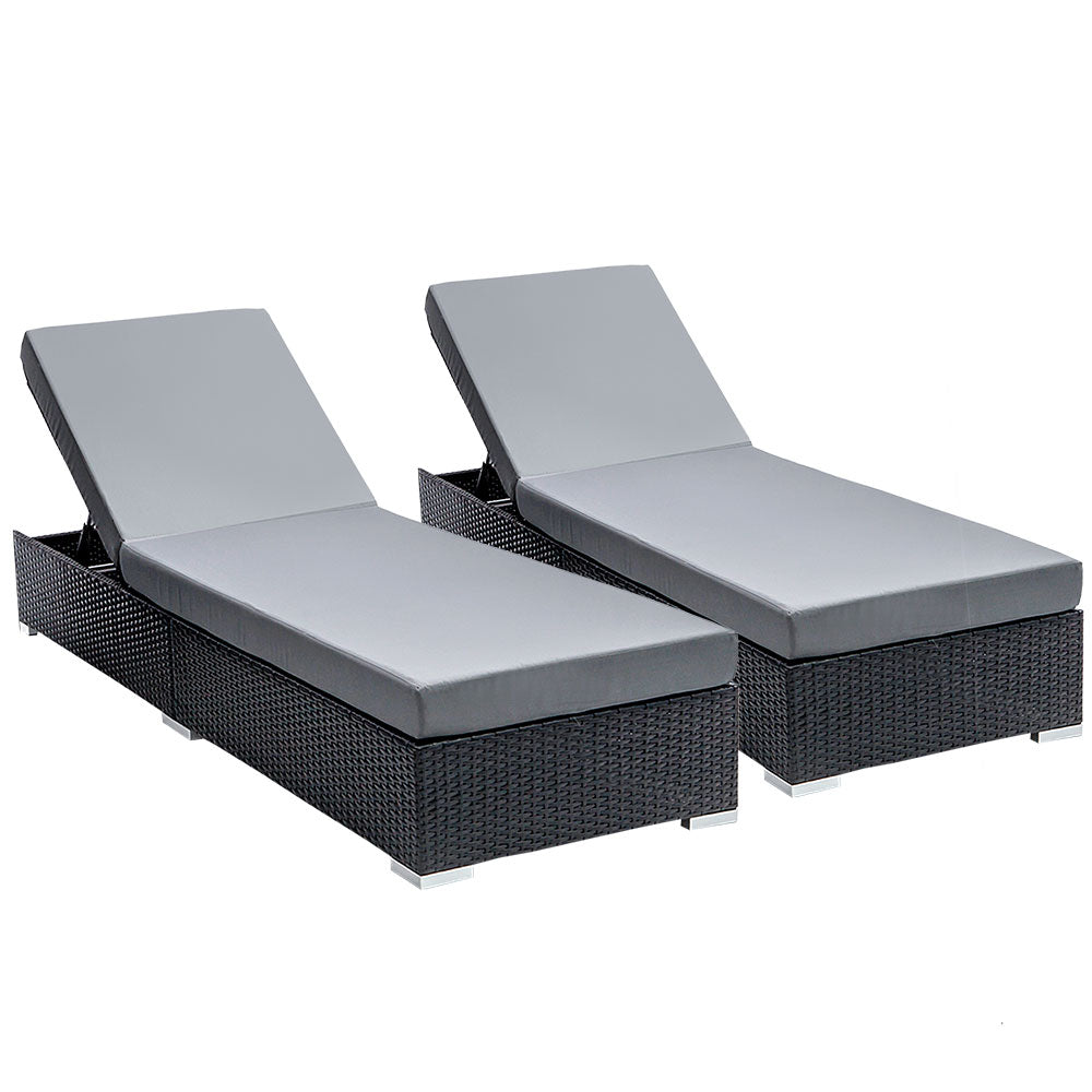 Herbert Set of 2 Outdoor Sun Lounge Wicker Chair - Black