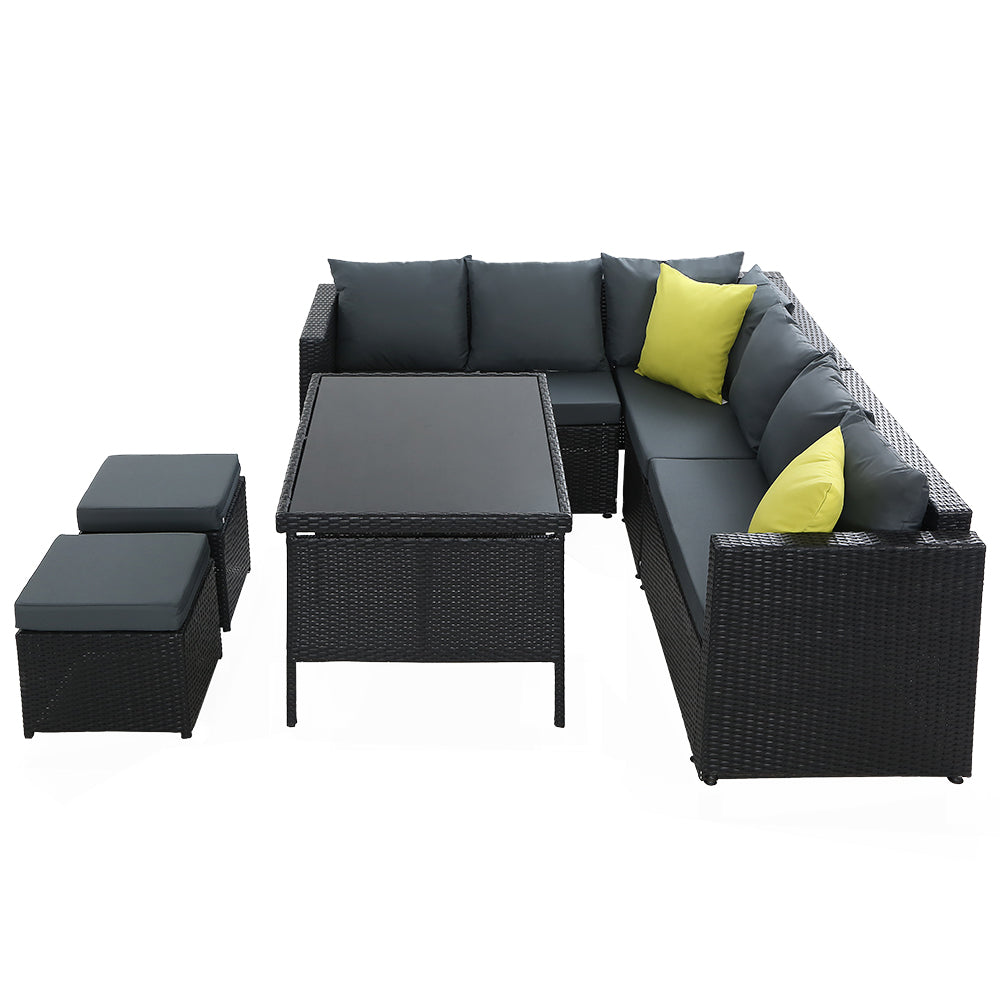 Alnwick 5-Seater Furniture Patio Set Table Chair Lounge Wicker Garden 6-Piece Outdoor Sofa - Black