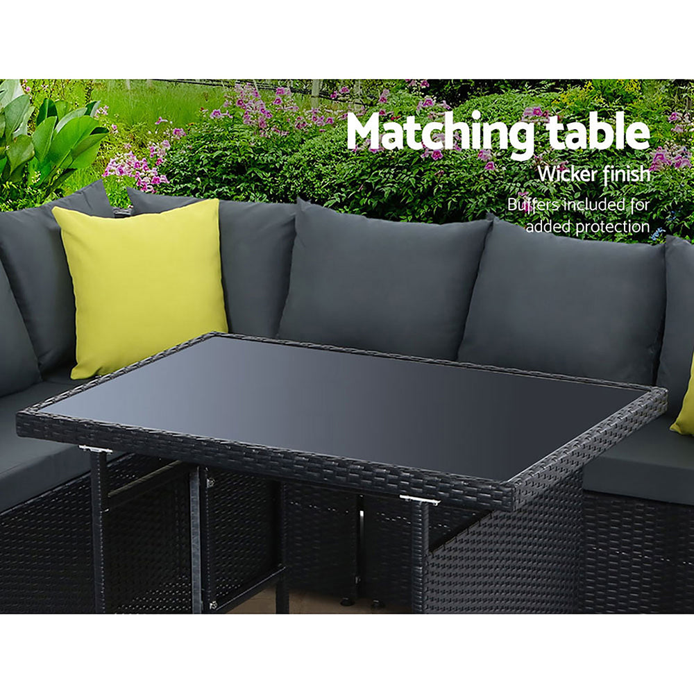 Alnwick 5-Seater Furniture Patio Set Table Chair Lounge Wicker Garden 6-Piece Outdoor Sofa - Black
