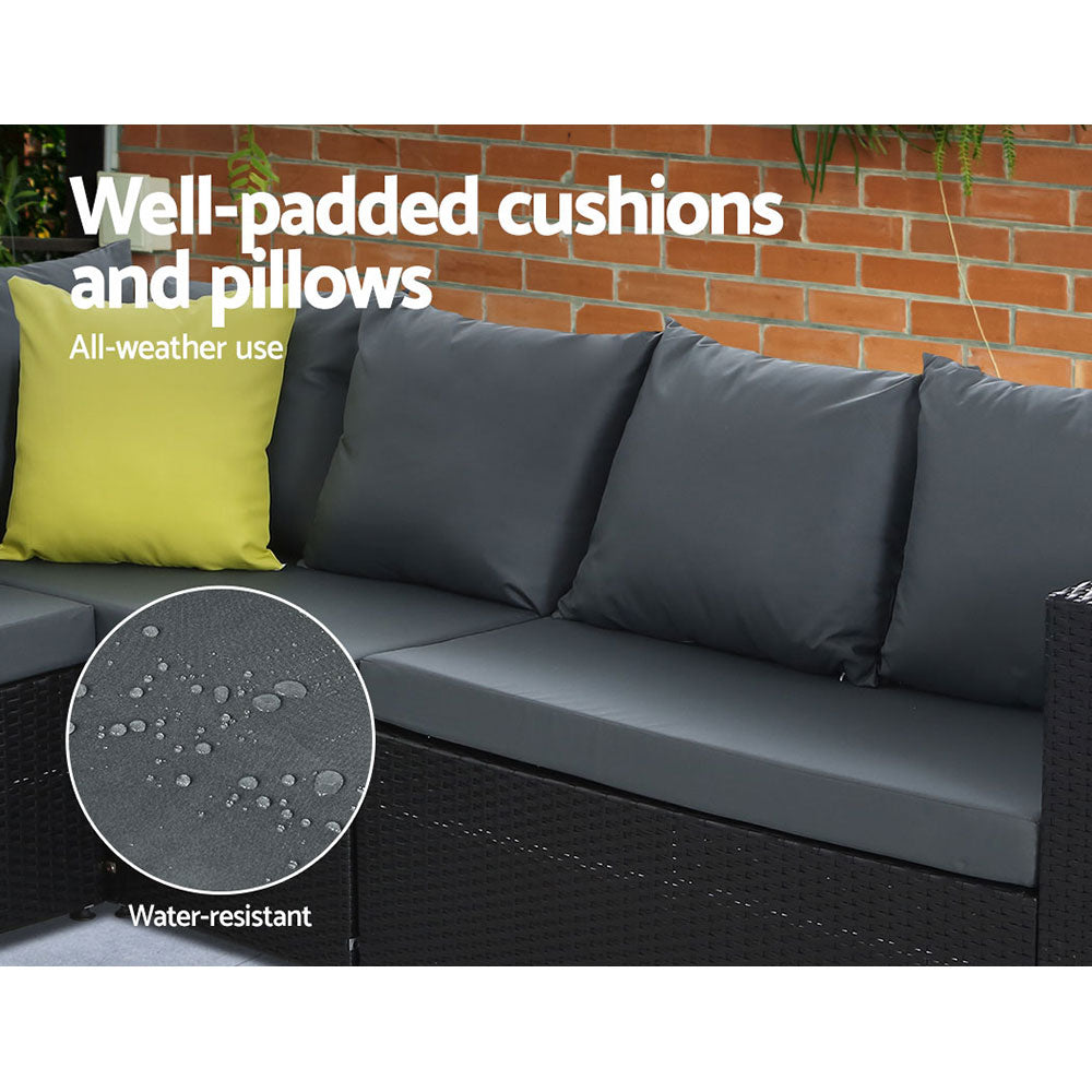 Alnwick 5-Seater Furniture Patio Set Table Chair Lounge Wicker Garden 6-Piece Outdoor Sofa - Black