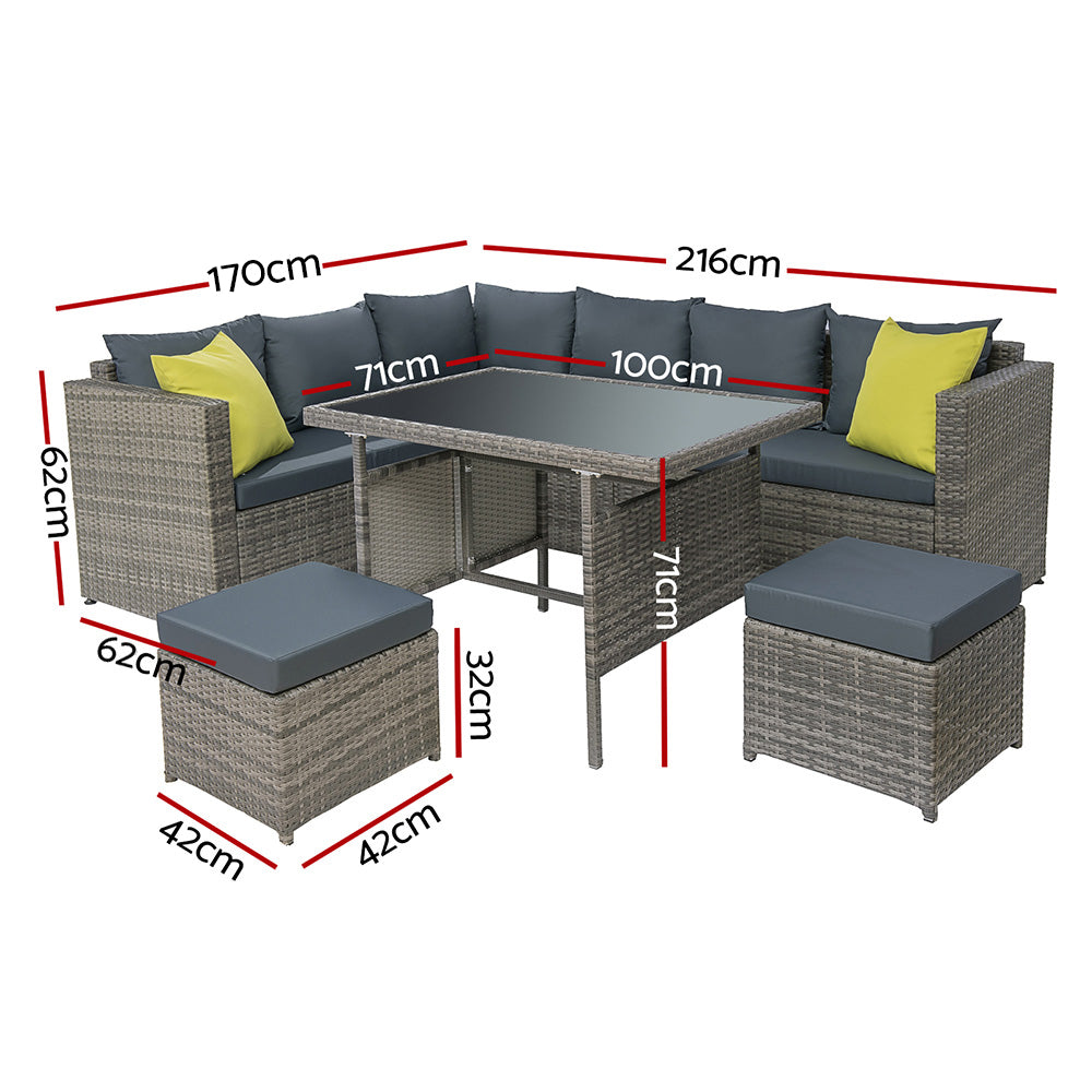 Alnwick 5-Seater Furniture Patio Set Table Chair Lounge Garden Wicker 6-Piece Outdoor Sofa - Grey