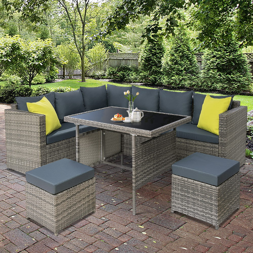 Alnwick 5-Seater Furniture Patio Set Table Chair Lounge Garden Wicker 6-Piece Outdoor Sofa - Grey