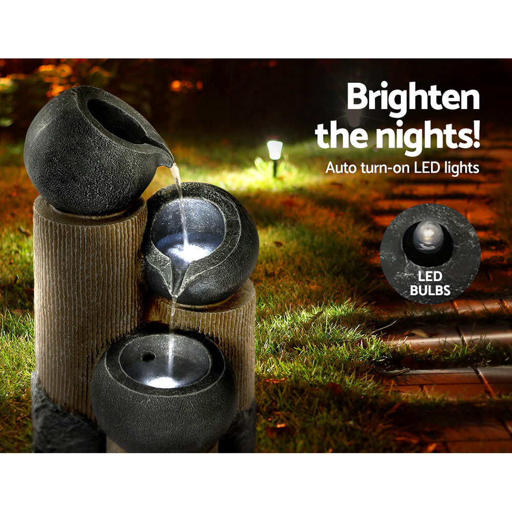 Solar Water Feature Cascading Fountain 3-Tier Pot LED Lights 76cm - Grey