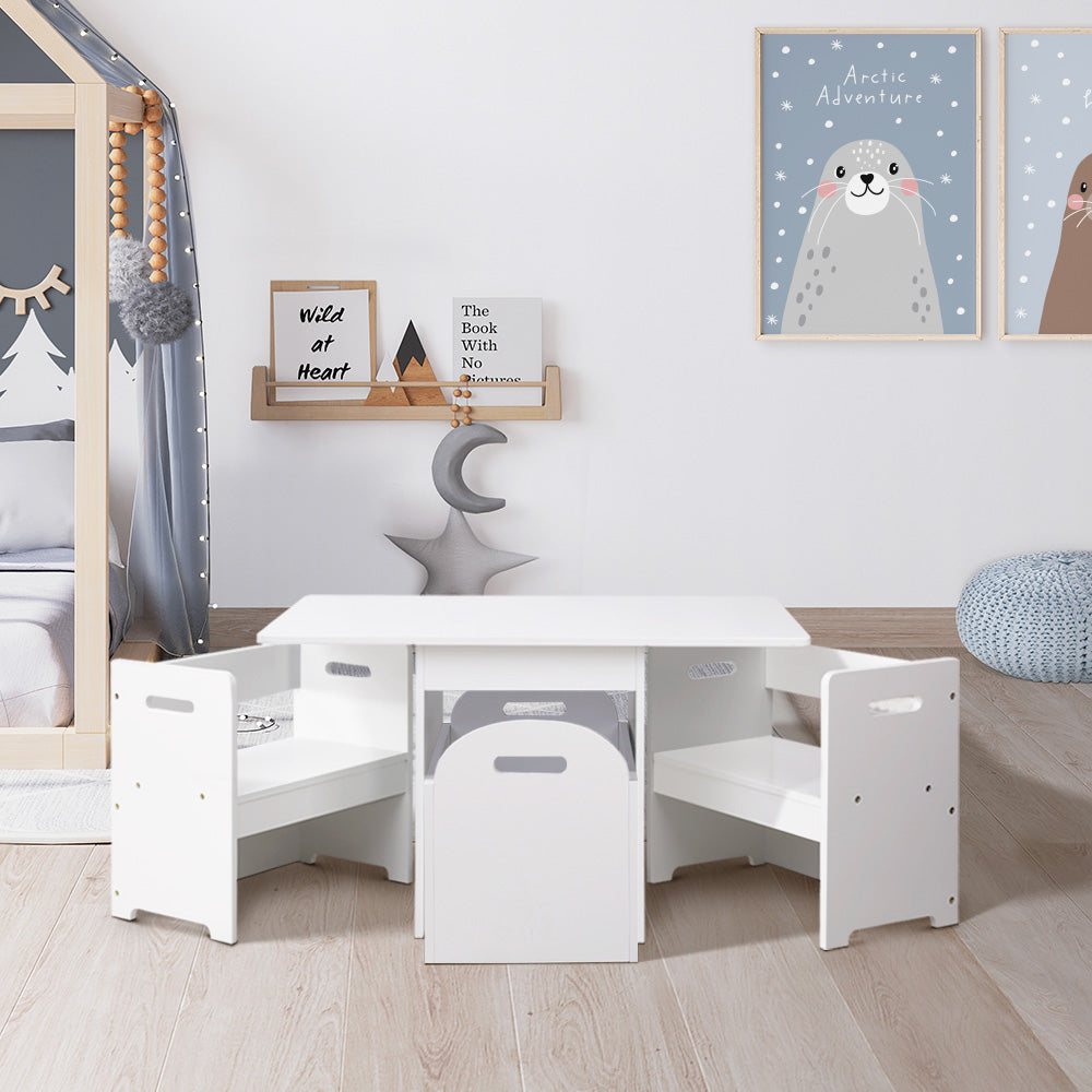 Perline 3-Piece Kids Table & Chairs Set Multi-function and Chair Hidden Storage Box Toy Activity Desk - White