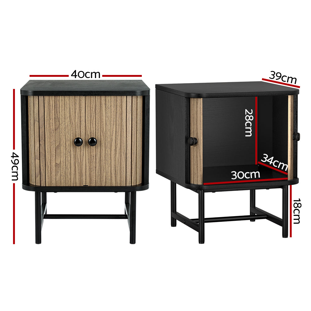 Jerome Wooden Bedside Tables Side End Slidng Doors Storage Nightstand - Black & Pine