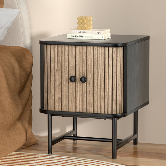 Jerome Wooden Bedside Tables Side End Slidng Doors Storage Nightstand - Black & Pine