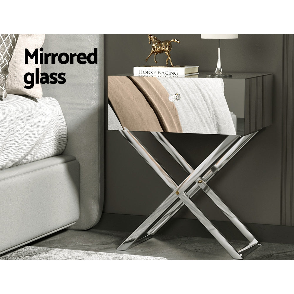Surrey Mirrored Bedside Tables Side End Table Drawers Nightstand Bedroom - Silver