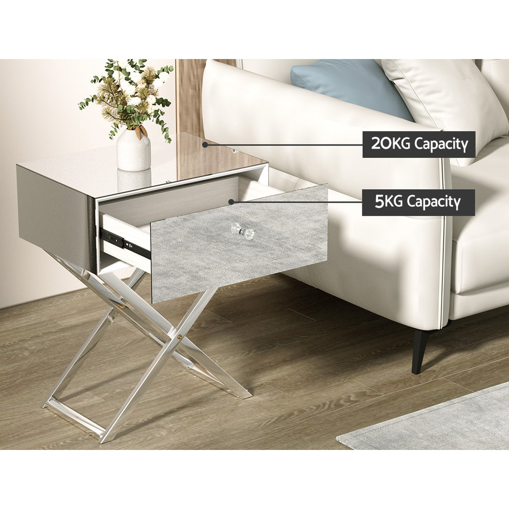 Surrey Mirrored Bedside Tables Side End Table Drawers Nightstand Bedroom - Silver