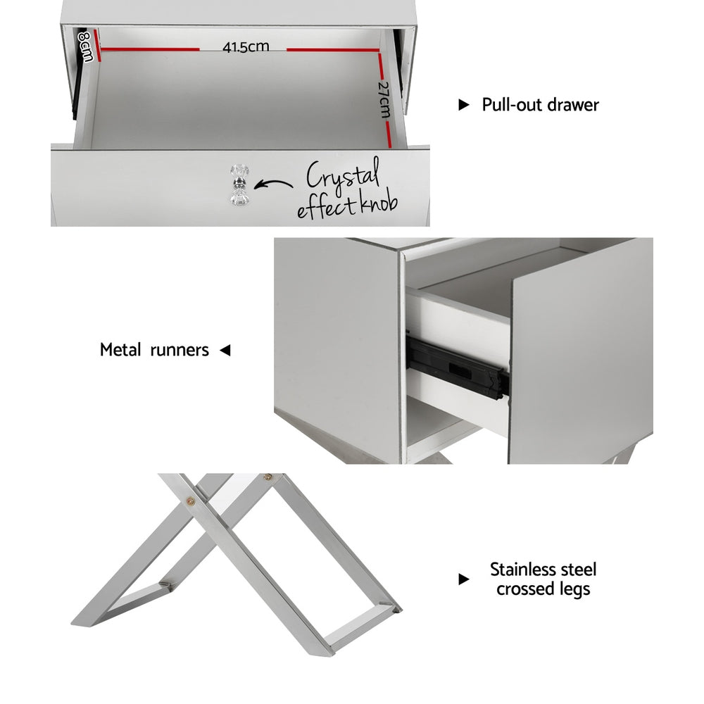 Surrey Mirrored Bedside Tables Side End Table Drawers Nightstand Bedroom - Silver