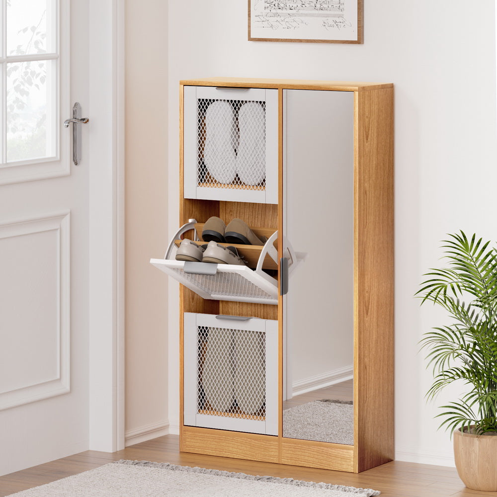 Mirror Shoe Cabinet White Mesh