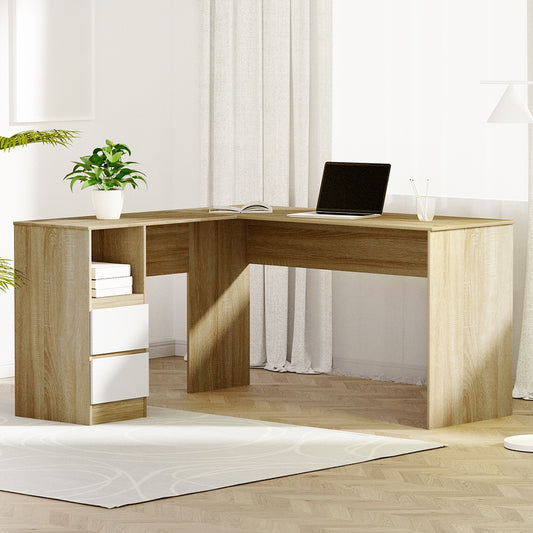 Artiss Computer Desk Drawer Cabinet L-Shape Oak 136cm