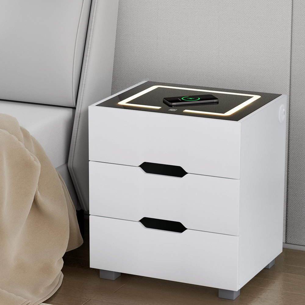 Grouse LED Bedside Tables Smart Wireless Charging Ports with 3 Drawers - White