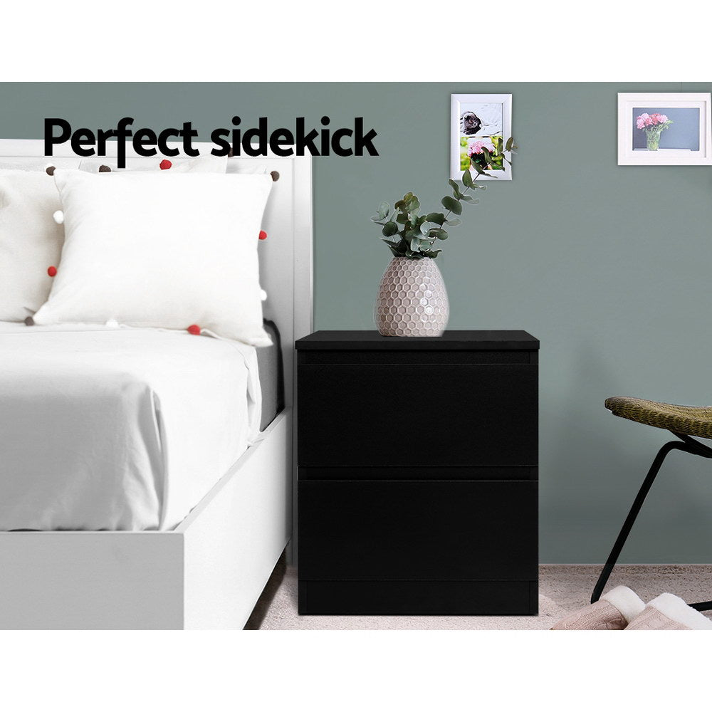 Kenora Wooden Bedside Tables Side Table Bedroom Furniture Nightstand Lamp with 2 Drawers - Black