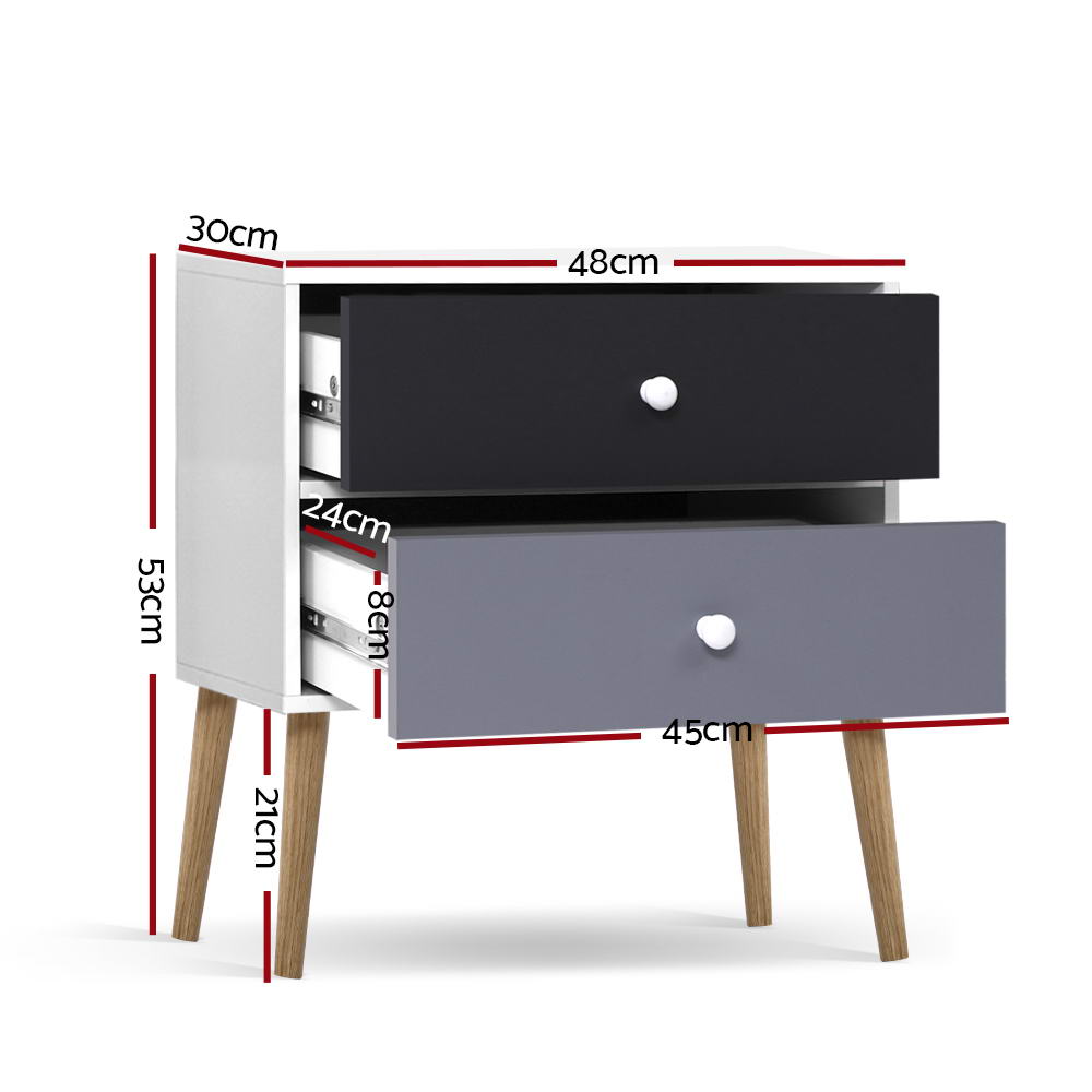 Picton Particle Board Bedside Tables Side Table Nightstand Lamp Side Storage Cabinet with 2 Drawers - White & Black