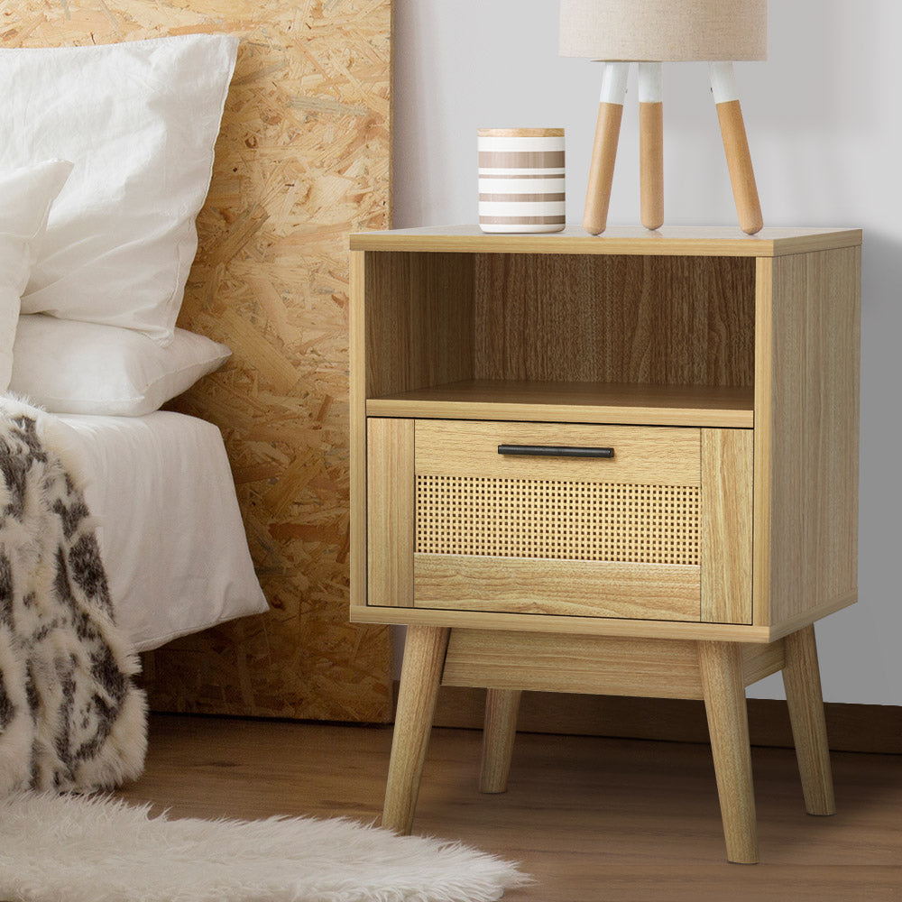 Simcoe Wood Rattan Bedside Tables Rattan Side Table Nightstand Storage Cabinet - Wood