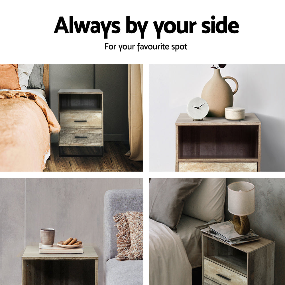 Souris Wooden Metal Legs Bedside Tables Side Table Nightstand Storage Cabinet Unit with 2 Drawers - Wood