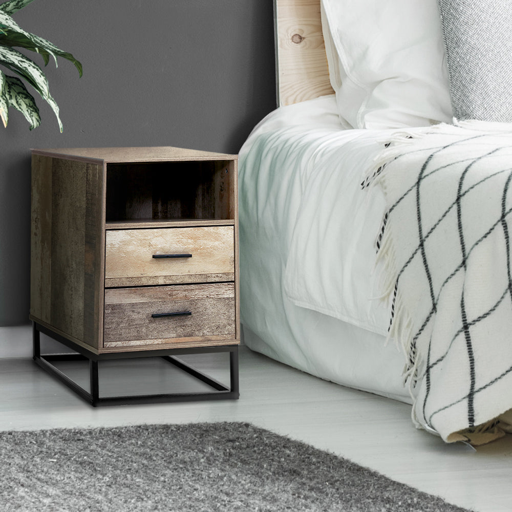 Souris Wooden Metal Legs Bedside Tables Side Table Nightstand Storage Cabinet Unit with 2 Drawers - Wood