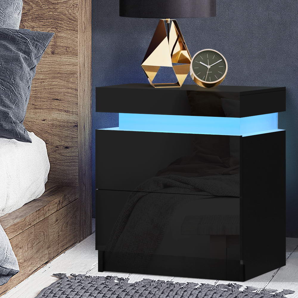 Levis LED High Gloss Bedside Tables Side Table RGB LED High Gloss Nightstand - Black