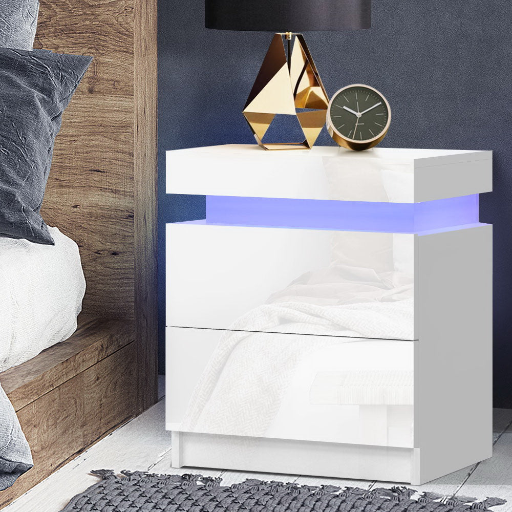 Levis LED High Gloss Bedside Tables Side Table RGB LED High Gloss Nightstand - White