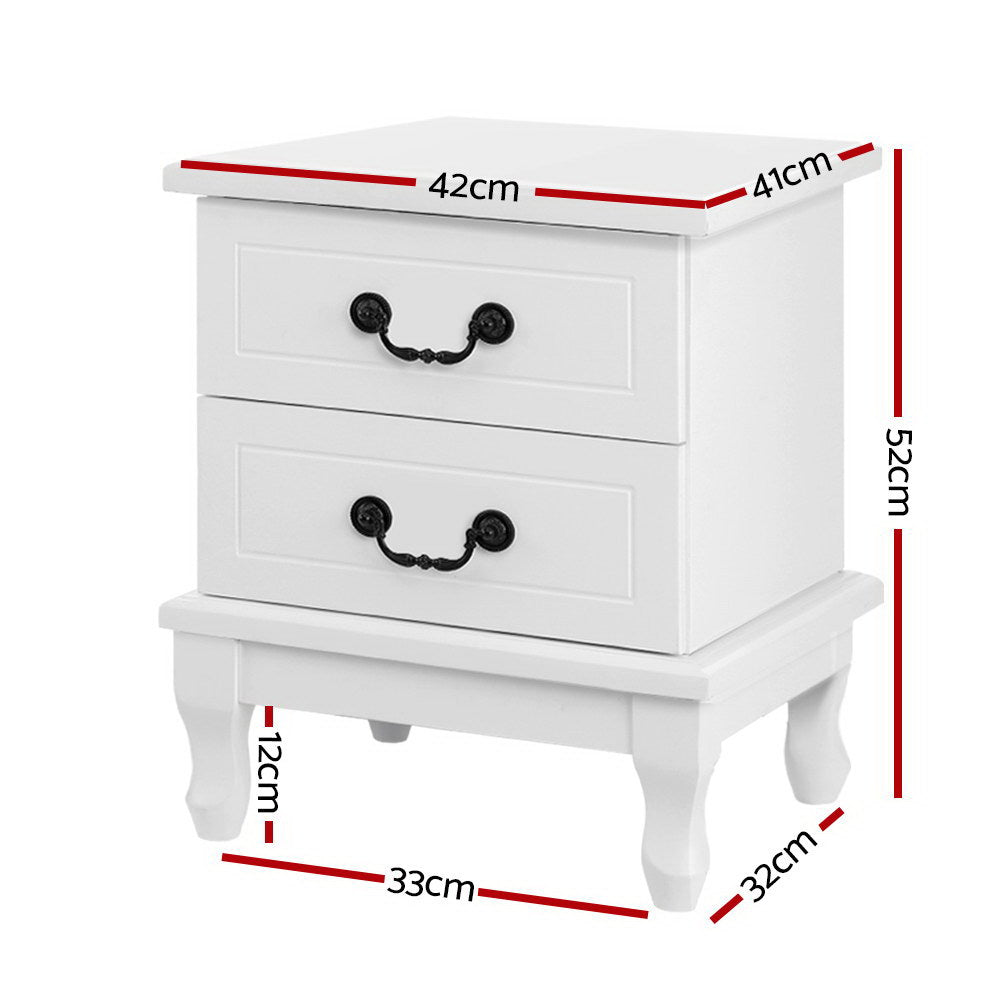 Sherbrooke Wooden Bedside Tables Side Table French Nightstand Storage Cabinet with 2 Drawers - White