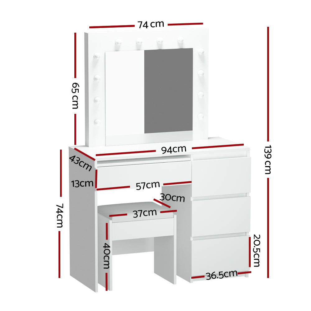 Dressing Table LED Makeup Mirror Stool Set 12 Bulbs Vanity Desk White