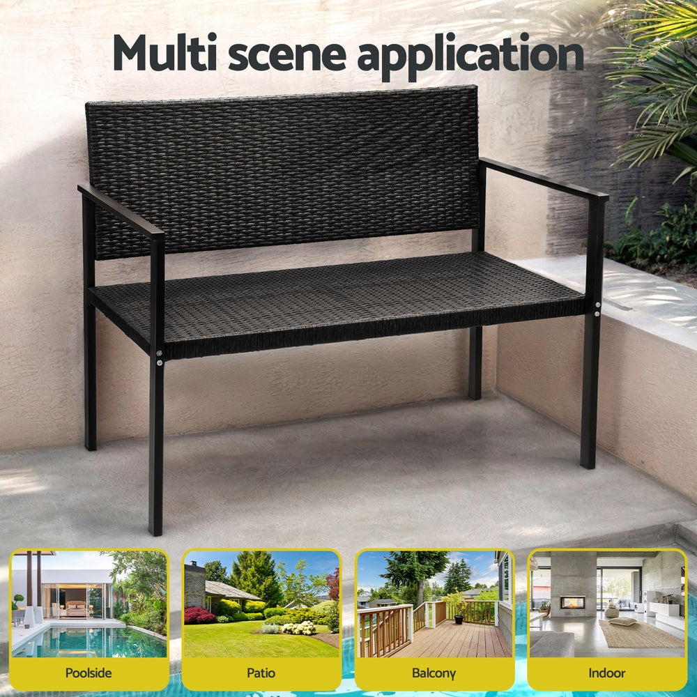 Fritz 2-Seater Outdoor Garden Bench Seat Rattan Chair Steel Patio Furniture Park - Black