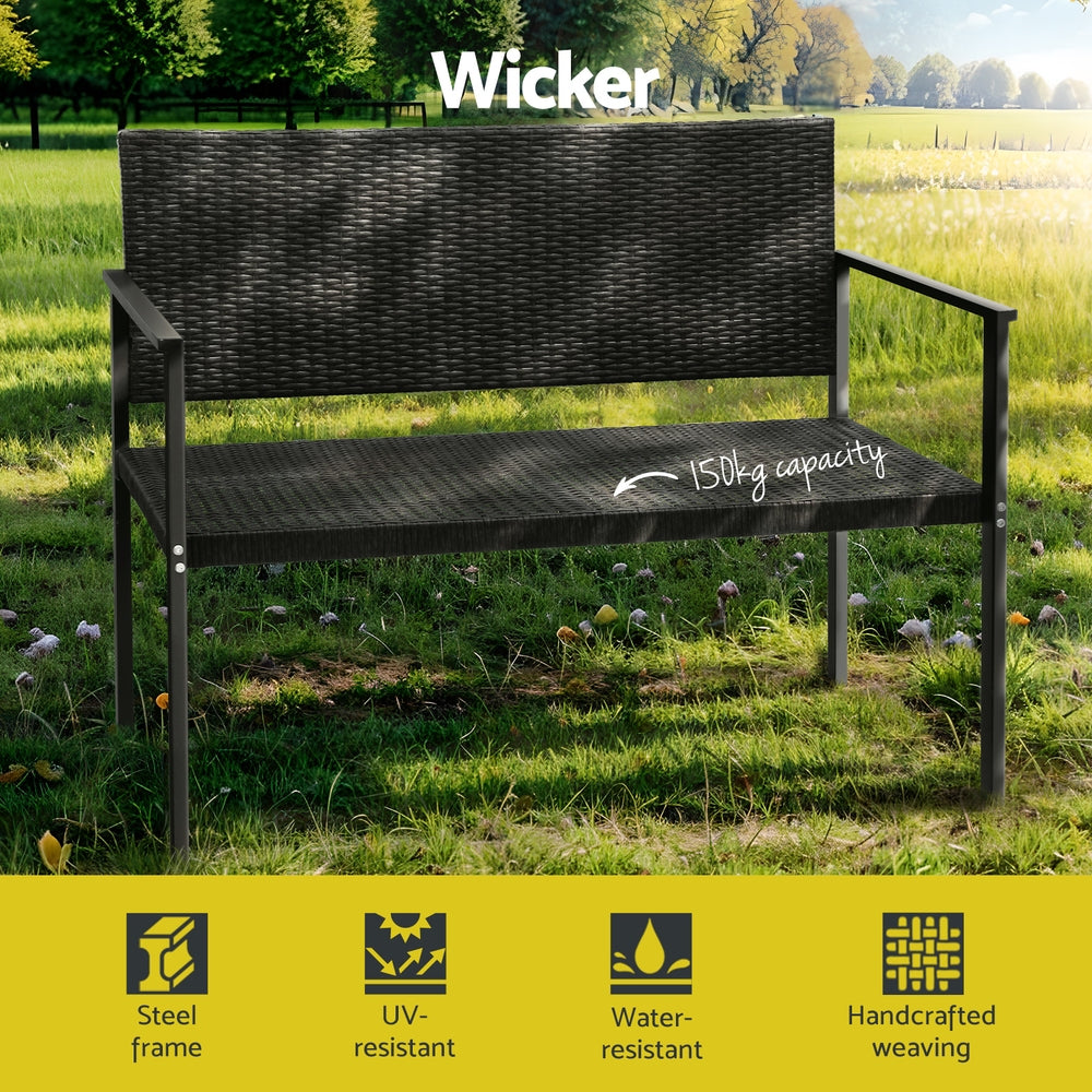 Fritz 2-Seater Outdoor Garden Bench Seat Rattan Chair Steel Patio Furniture Park - Grey