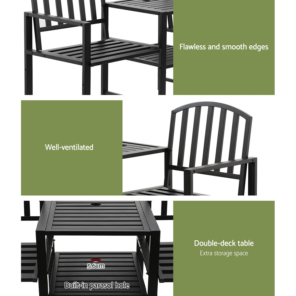 Lincoln Outdoor Garden Bench Steel Table and chair Patio Furniture Loveseat Park - Black