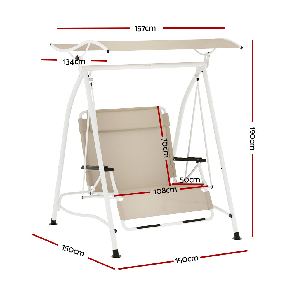 Evan Outdoor Swing Chair Garden Bench 2 Seater Canopy Patio - Beige