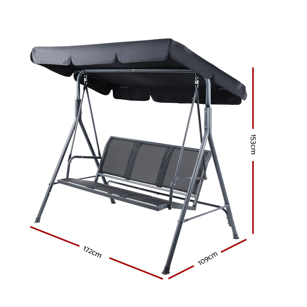 Keoni 3 Seater Swing Chair Hanging Chairs Canopy Garden Bench Seat Patio Lounger Cushion Backyard Park - Black