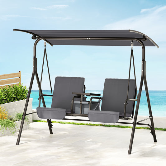 Hannah Outdoor Patio Swing Chair 2 Seater Canopy Table Top Cup Holder - Black