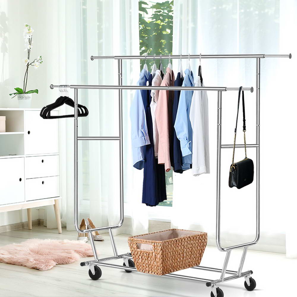 6FT Double Rail Clothes Rack Coat Stand Adjustable Garment Rolling