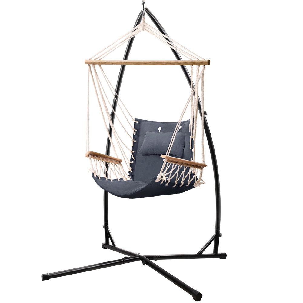 Hammock Chair with Steel Stand Armrest Outdoor Hanging - Grey