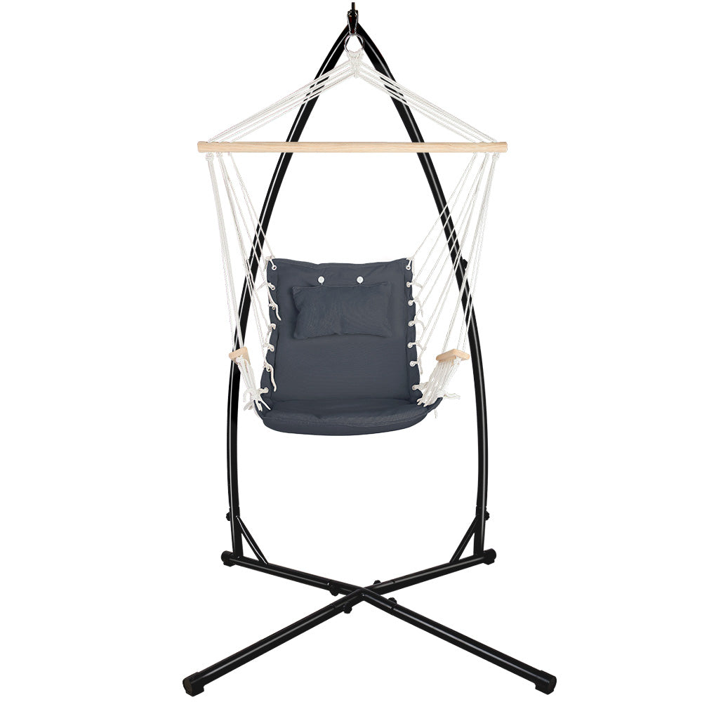Hammock Chair with Steel Stand Armrest Outdoor Hanging - Grey