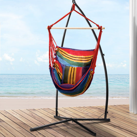 Hammock Chair Outdoor Camping Hanging with Steel Stand - Rainbow