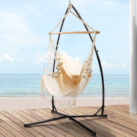 Hammock Chair with Steel Stand Hanging Outdoor Tassel - Cream