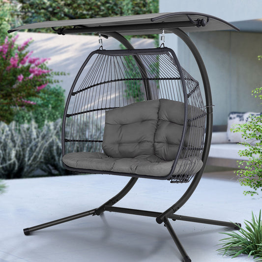 Bryce Egg Swing Chair Rattan Double Hanging Wicker with Stand - Grey