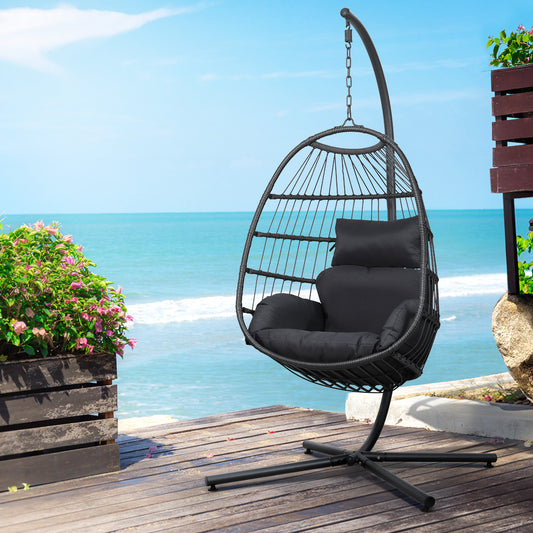 Zeke Egg Swing Chair Wicker with Stand - Black