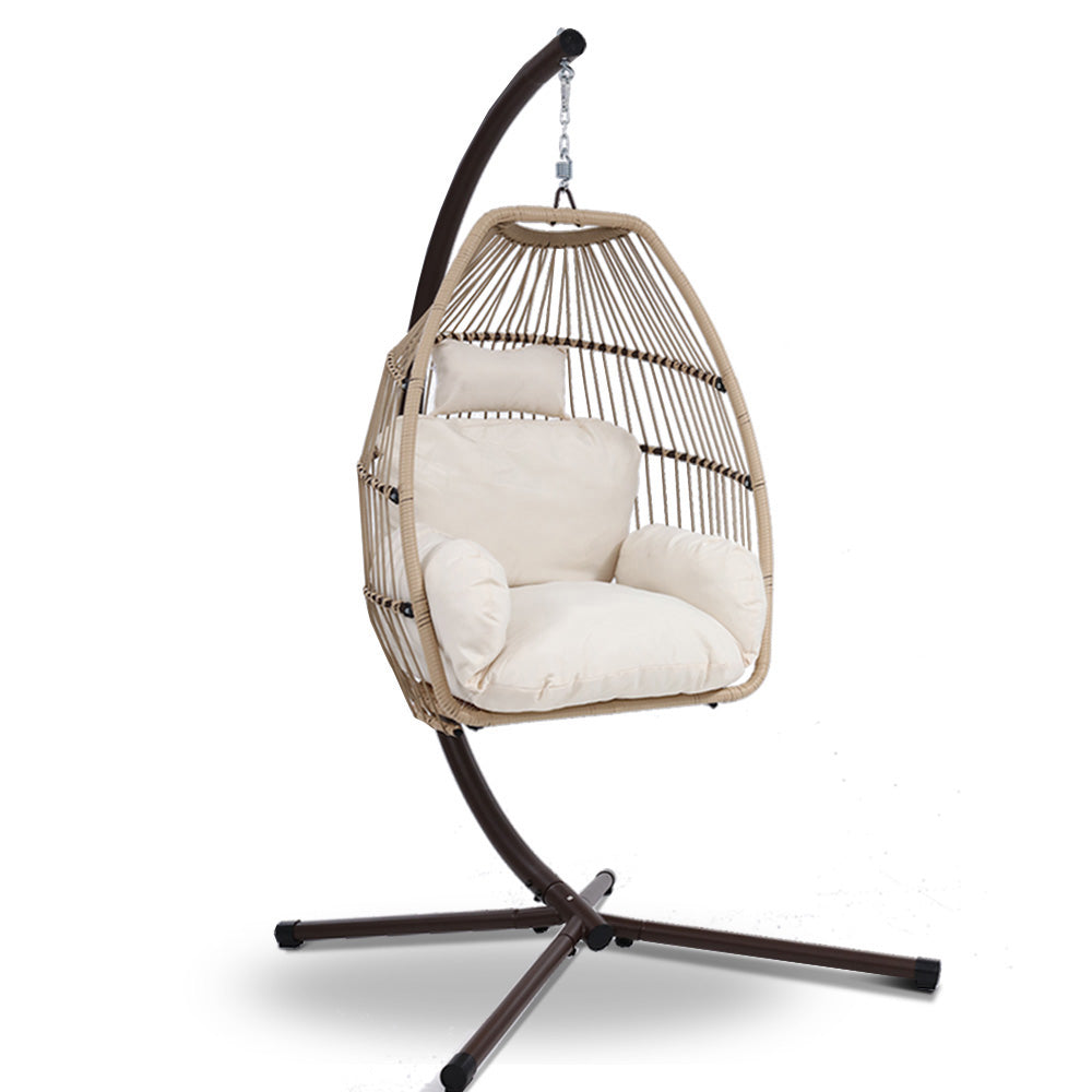 Halle Outdoor Egg Swing Chair Hanging Chair Wicker Rope Pod Stand Cushion - Latte