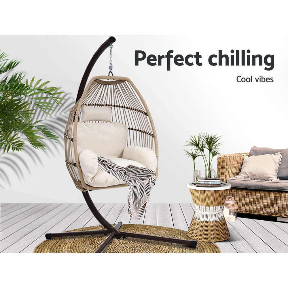 Halle Outdoor Egg Swing Chair Hanging Chair Wicker Rope Pod Stand Cushion - Latte