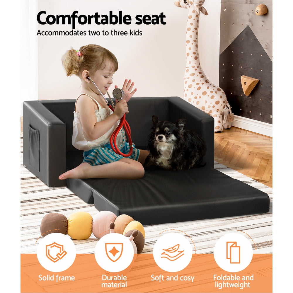 Phineas Kids Convertible Armchair Sofa 2 Seater Chair Children Flip Open Couch - Black