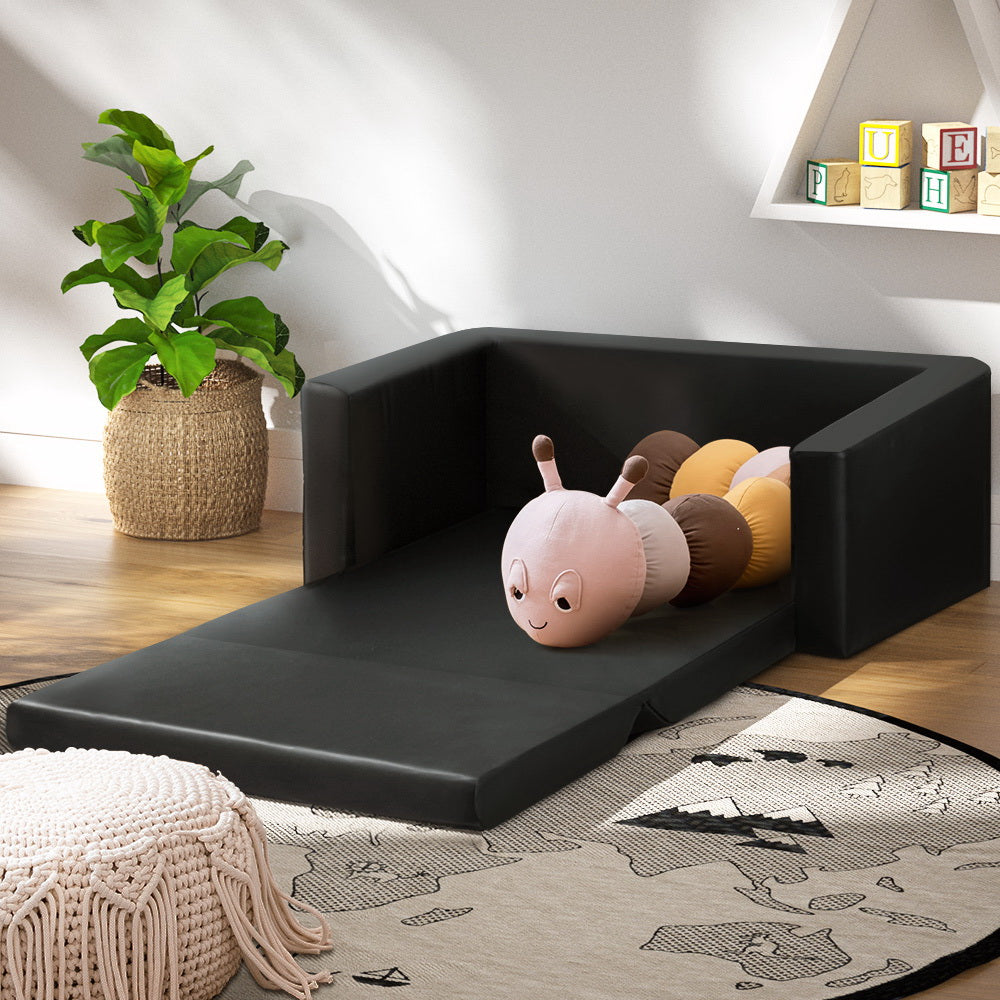 Phineas Kids Convertible Armchair Sofa 2 Seater Chair Children Flip Open Couch - Black