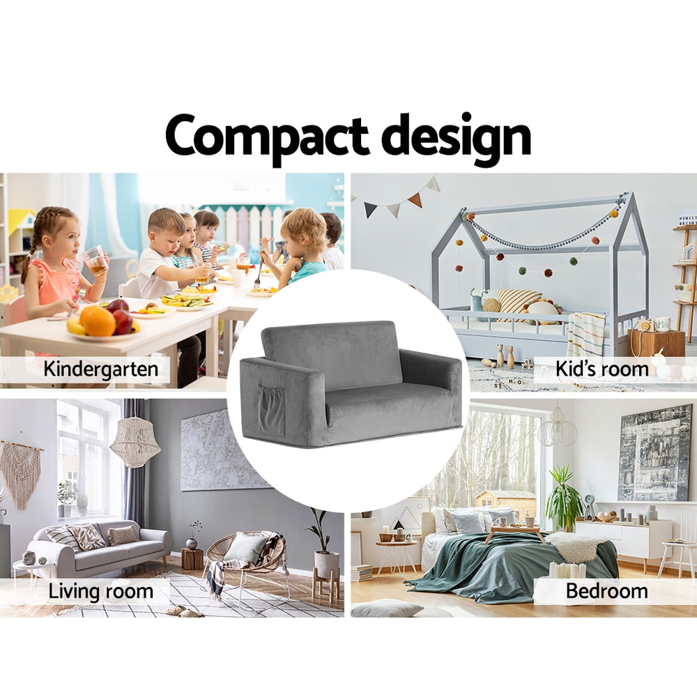 Phineas Kids Convertible Armchair Sofa 2 Seater Chair Children Flip Open Couch - Grey