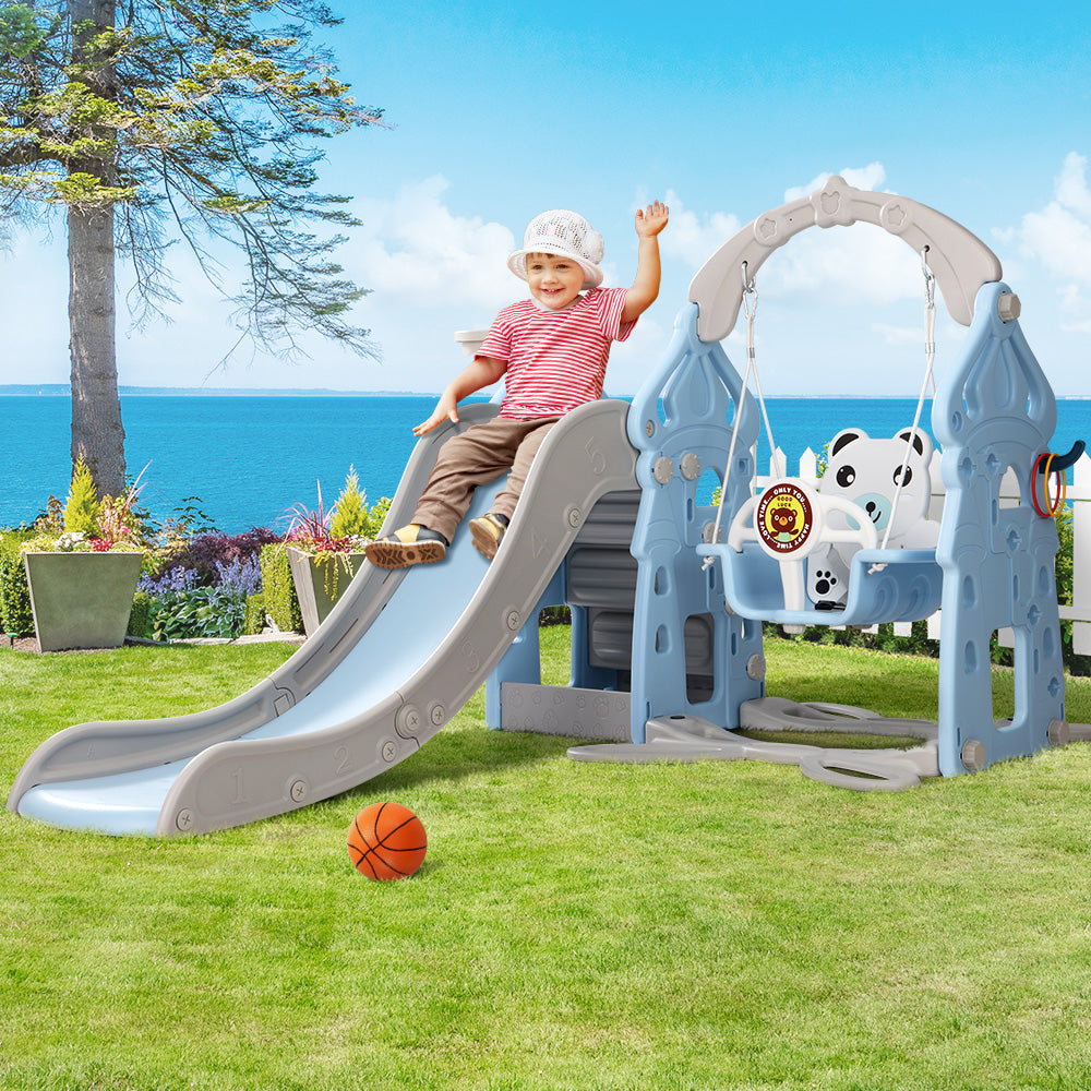 Kids 170cm Slide and Swing Set Playground Basketball Outdoor Blue