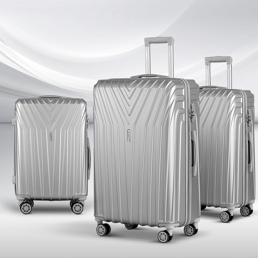 Set of 3 Luggage 20'' 24'' 28'' Trolley Suitcase Sets Travel TSA Hard Case Lightweight Silver